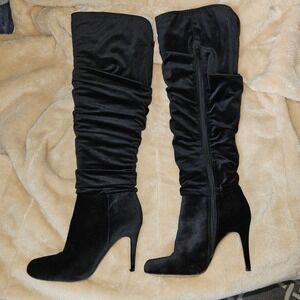 INC Faux Suede Black Velvet Slouchy Tall Stiletto Boots Size 8